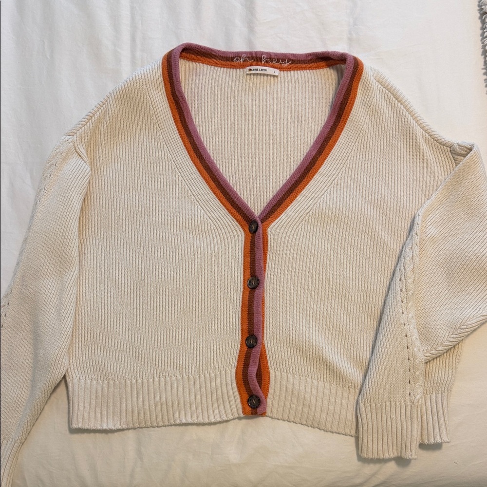 Marine Layer Cream Cardigan with Pink & Rust Trim